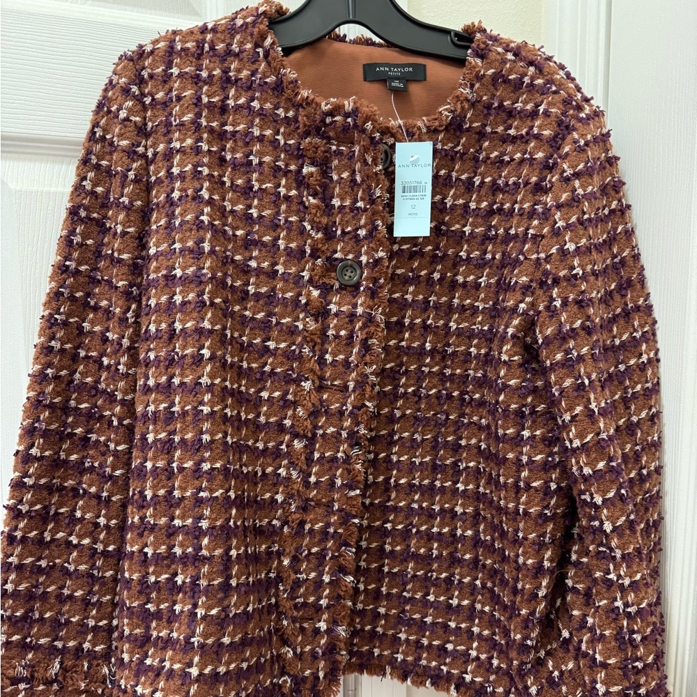 Ann Taylor Petite Brown and White Knit Jacket 12P